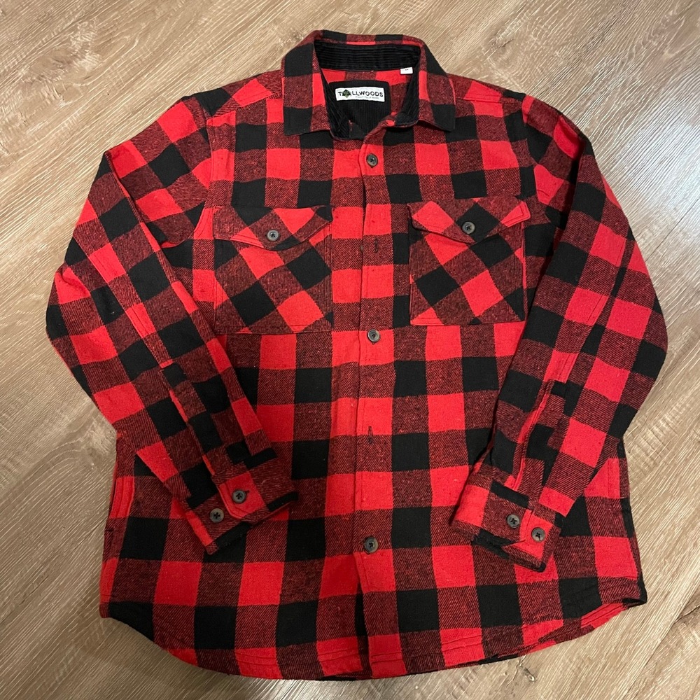 Tallwoods Mens Flannel Shirt Medium Red Black Buffalo Plaid Cotton Blend Rugged